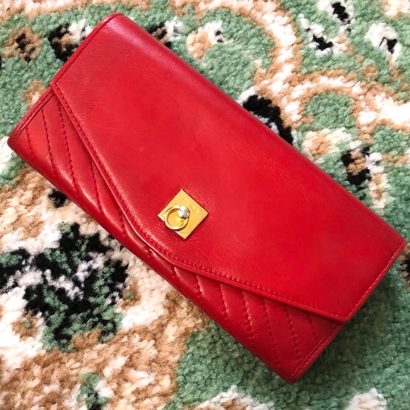Celine Handbags - AUTHENTIC Celine Paris Vintage Logo Gold O-Ring Red Quilted Leather Long Wallet